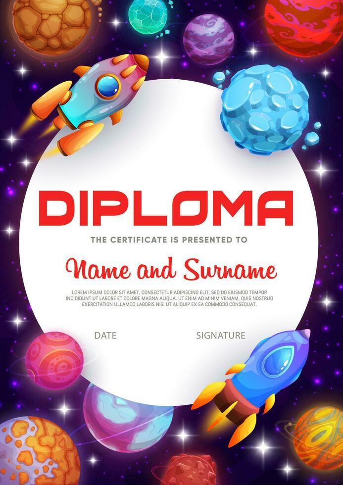 Kids diploma fantastic galaxy space planets, stars vector