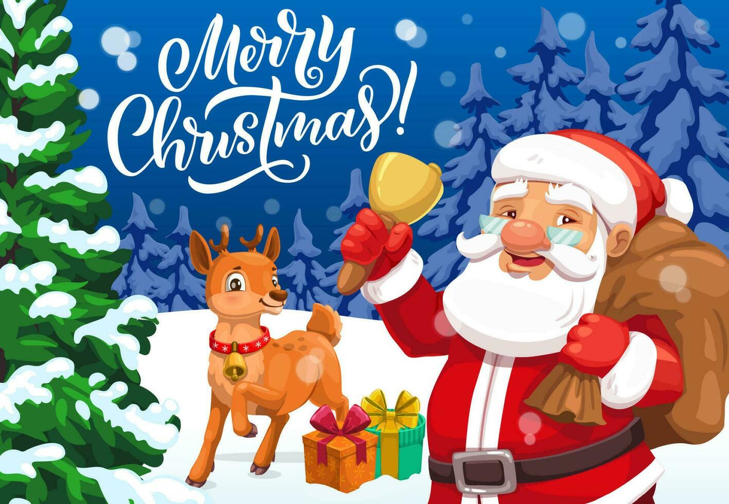 Santa and Christmas reindeer with Xmas gift bag vector