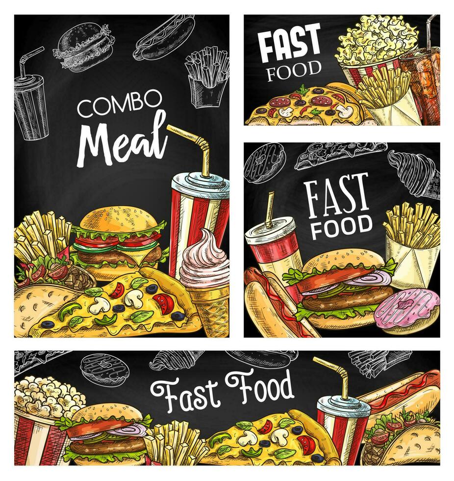 rápido comida comidas y bebidas tiza bosquejo pancartas vector