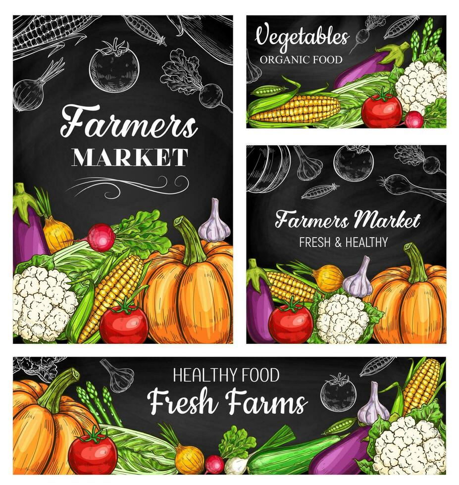 Farm vegetable sketches on chalkboard banners vector