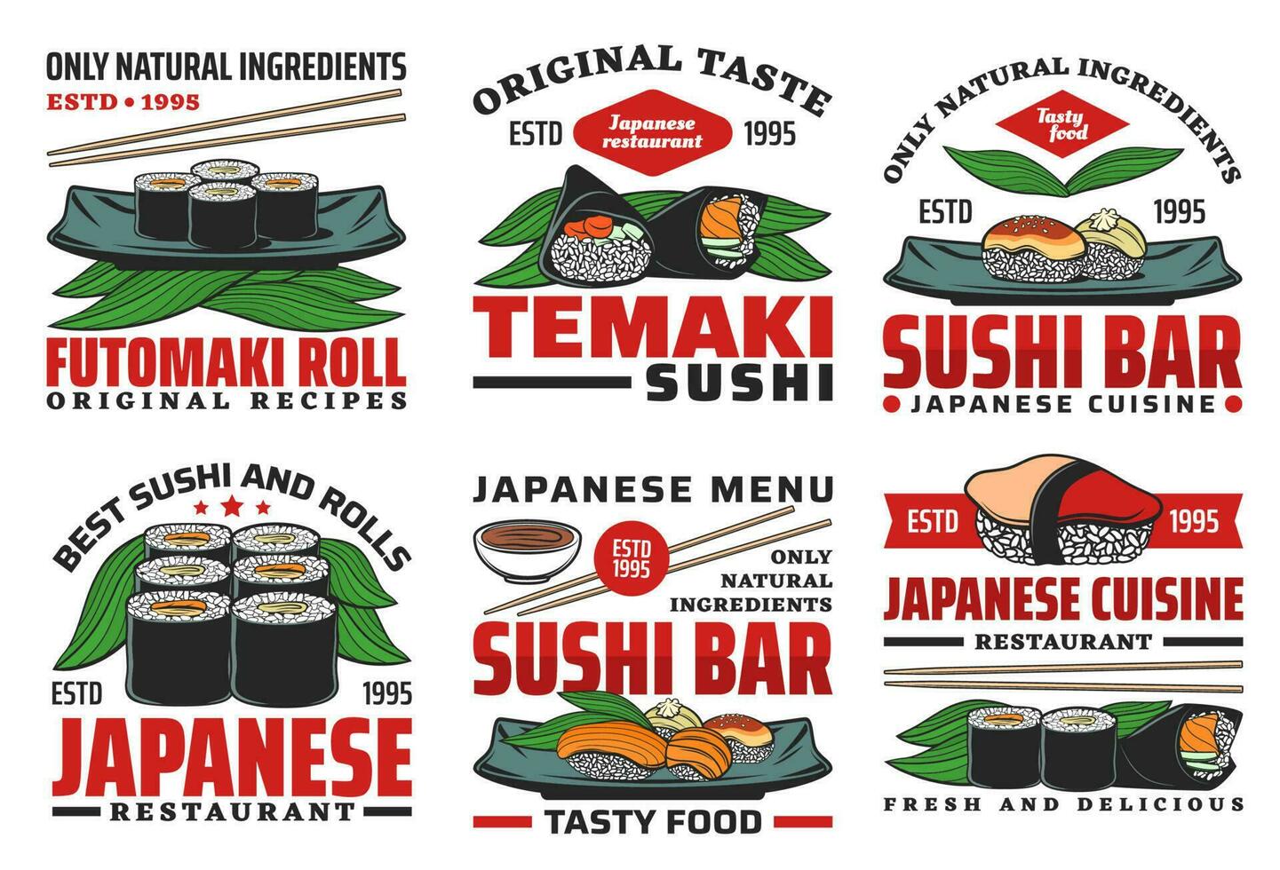 Sushi bar, japonés comida restaurante vector emblema