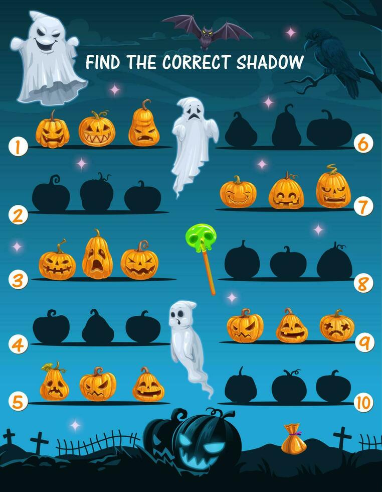 Halloween find correct shadow kids game worksheet vector