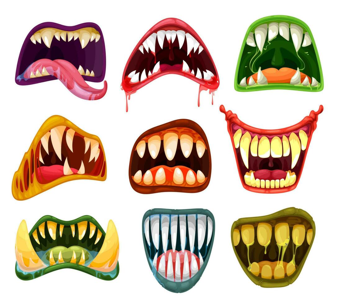 Monster mouths, teeth cartoon set, Halloween beast vector
