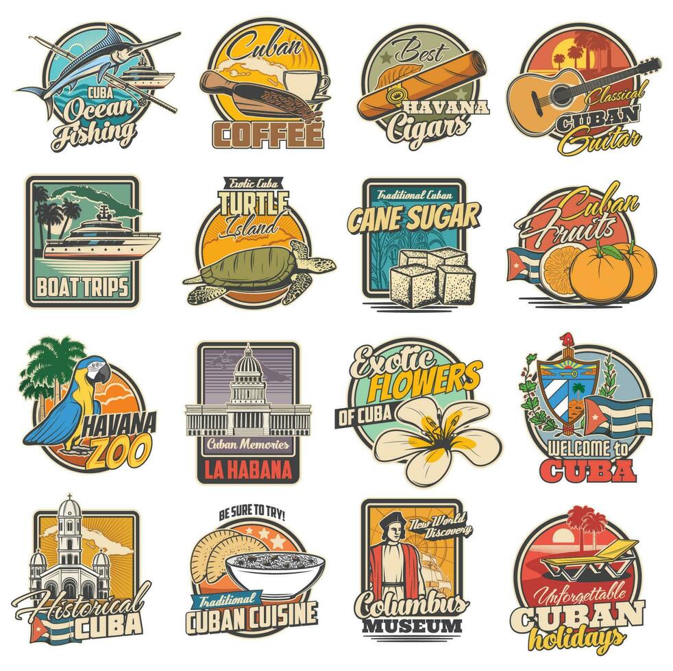 Cuba and havana travel, tourist attractions icons vector