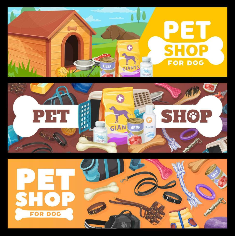 mascota tienda pancartas, perro mascota cuidado artículos y juguetes vector