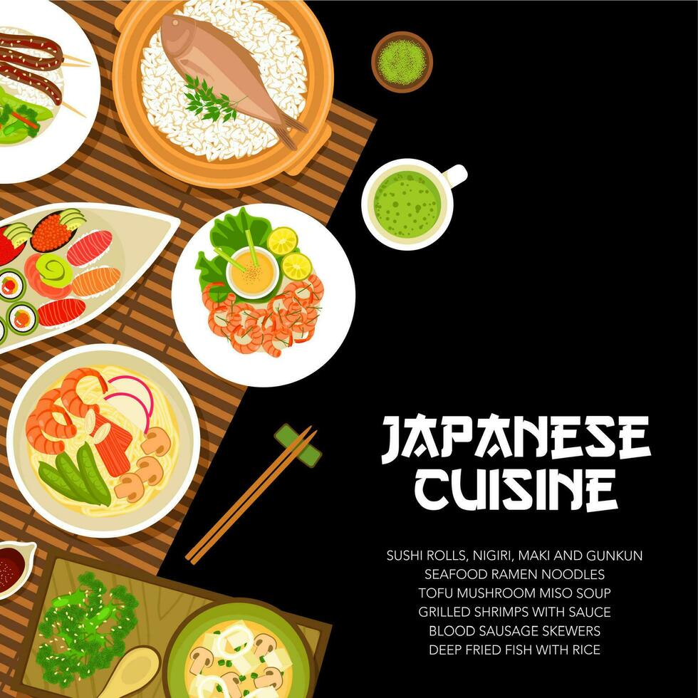 japonés comida cocina menú, Japón platos y comidas vector