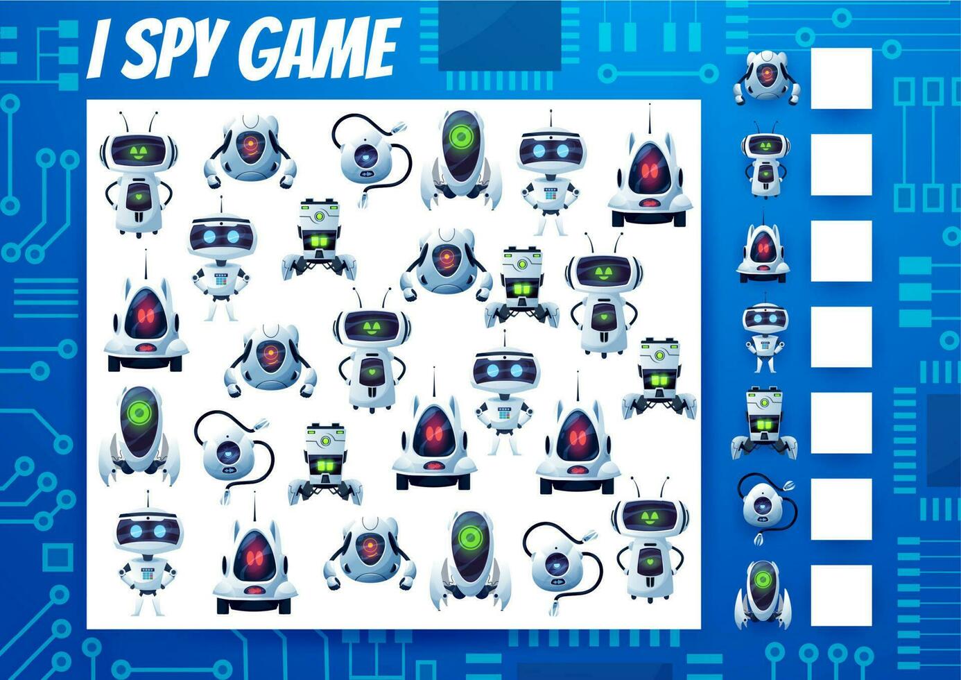I spy kids game, cartoon robots and droids riddle vector
