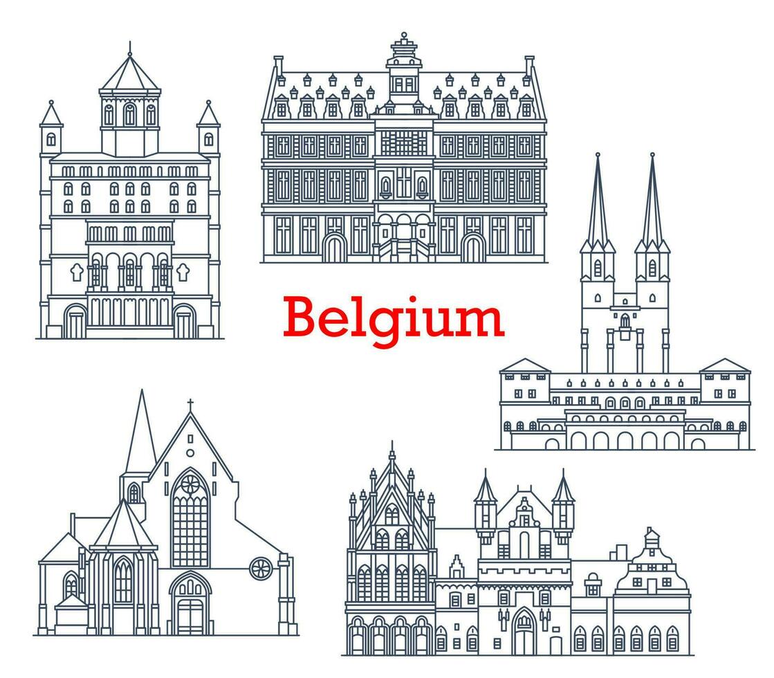 Belgium architecture buildings, travel landmarks vector