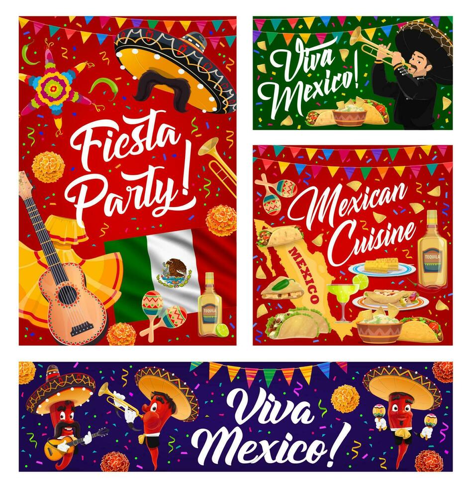 Viva mexico pancartas con mexicano sombrero y comida vector