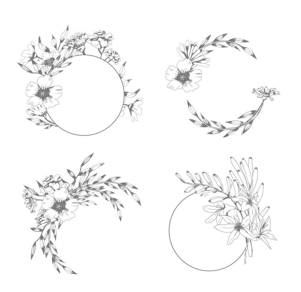 Hand-drawn botanical wedding wreaths set vector