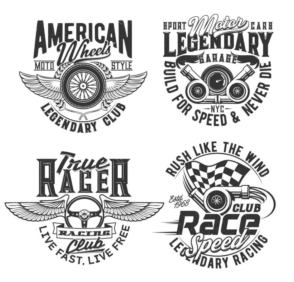 Races club t-shirt prints, speed wheel and wings vector