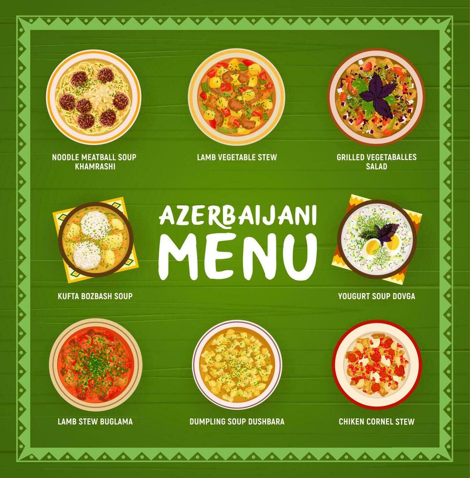Azerbaijani cuisine vector cartoon menu of meals