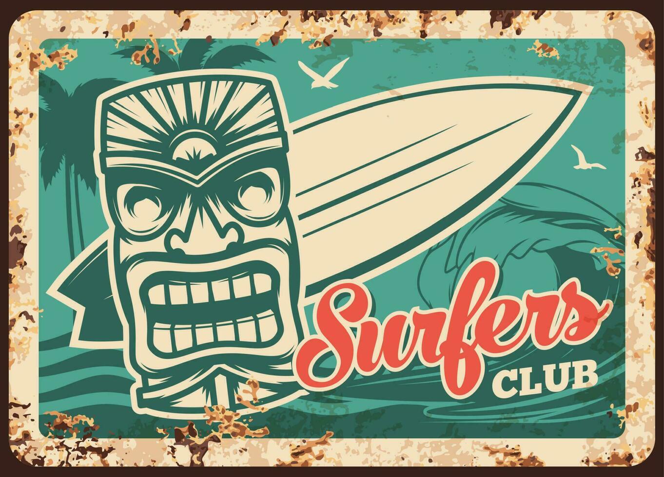 Surfing, surfer club metal plate rusty, surfboard vector