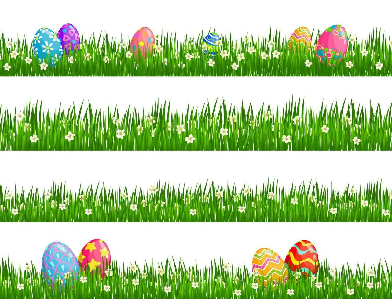 Easter egg hunt borders of green grass, flowers vector