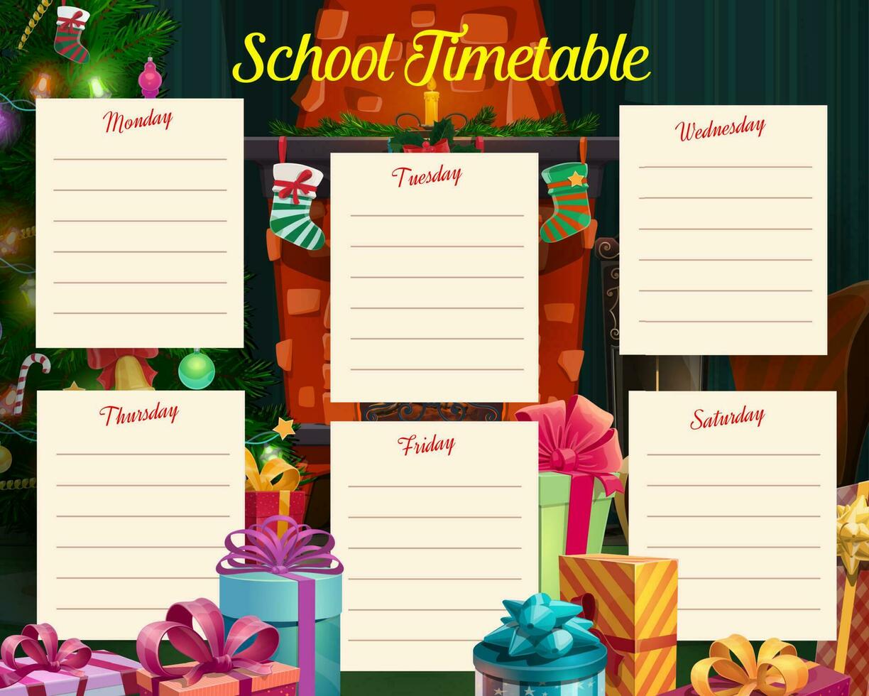 Christmas holidays school timetable with gifts vector