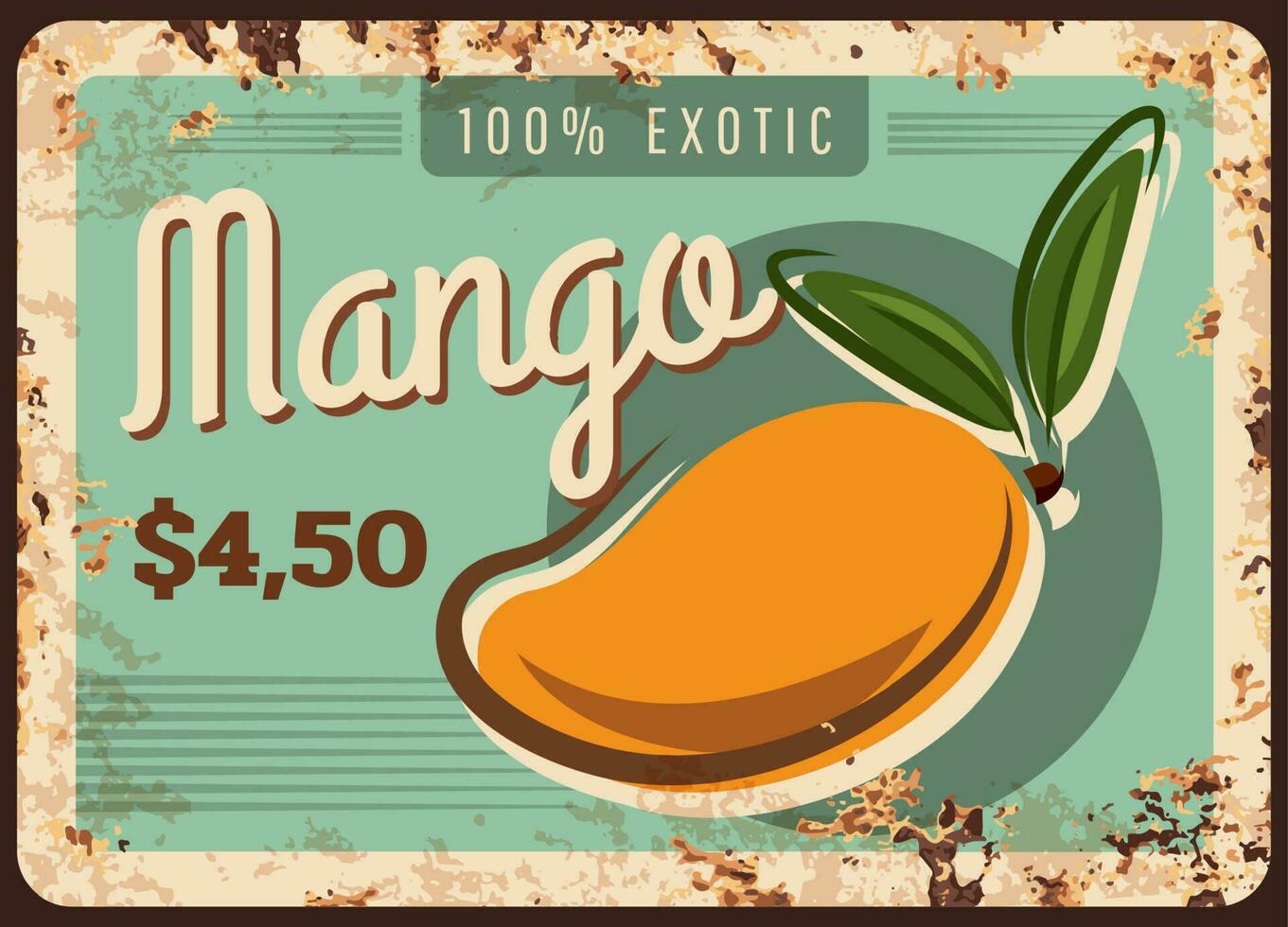 Mango rusty metal plate, tropical fruits food farm vector