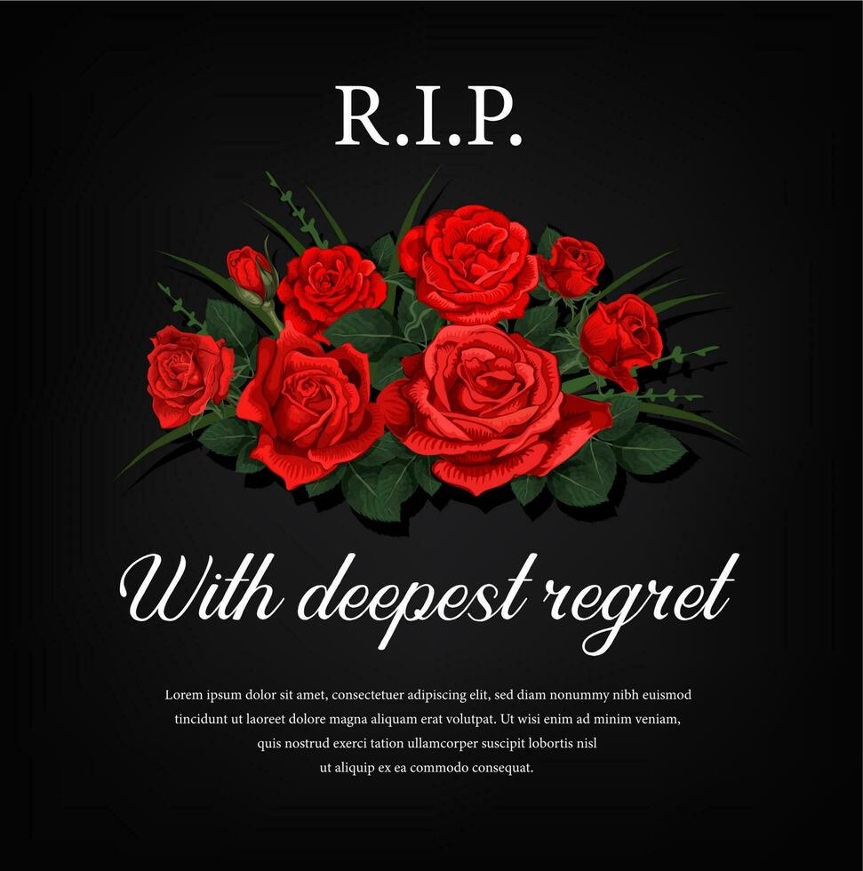 Funeral card with roses and condolence vector