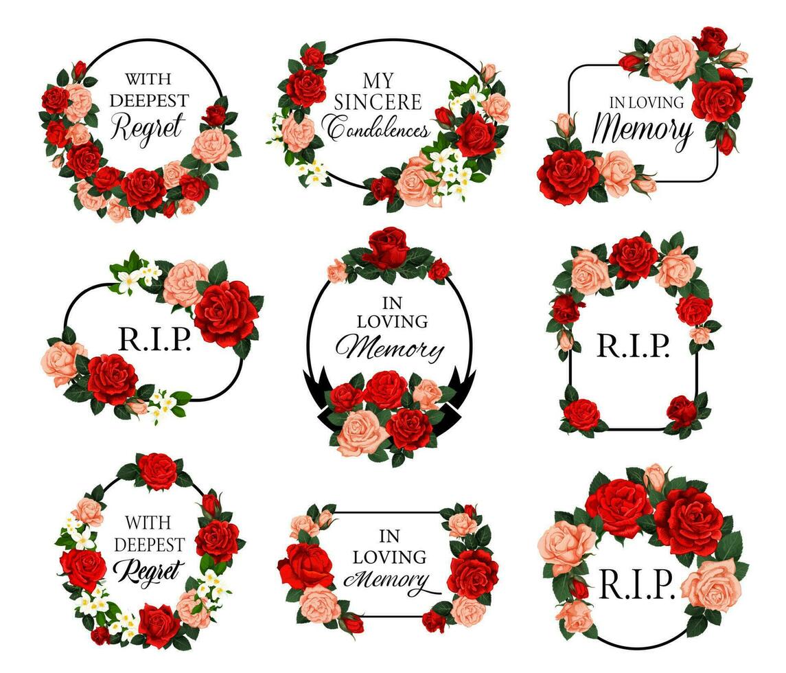 funeral marcos con rosas flores y condolencias vector