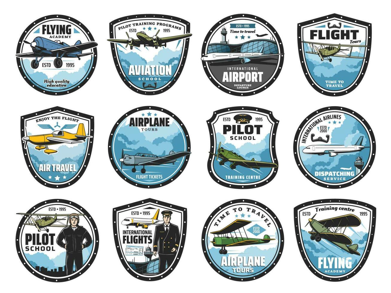 Flying academy, air tour and airline icons icon vector