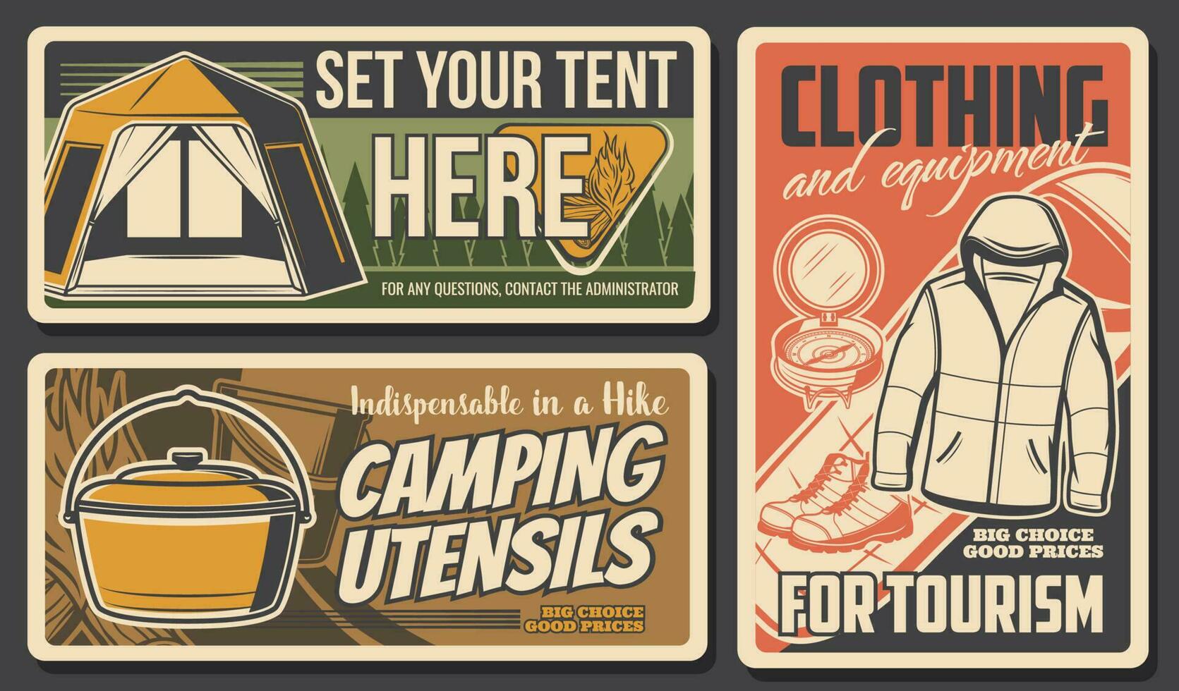 Camping and hiking, icons, travel tourism outdoor vector