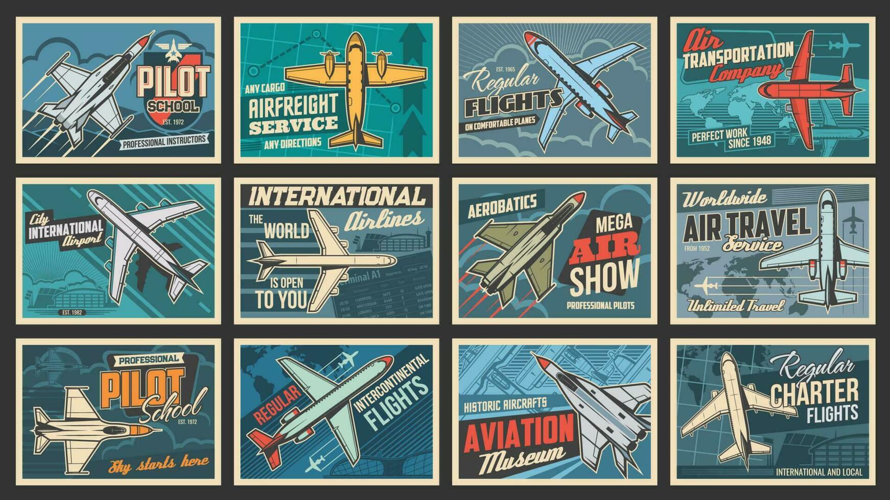 Plane and aviation retro posters, pilot school vector