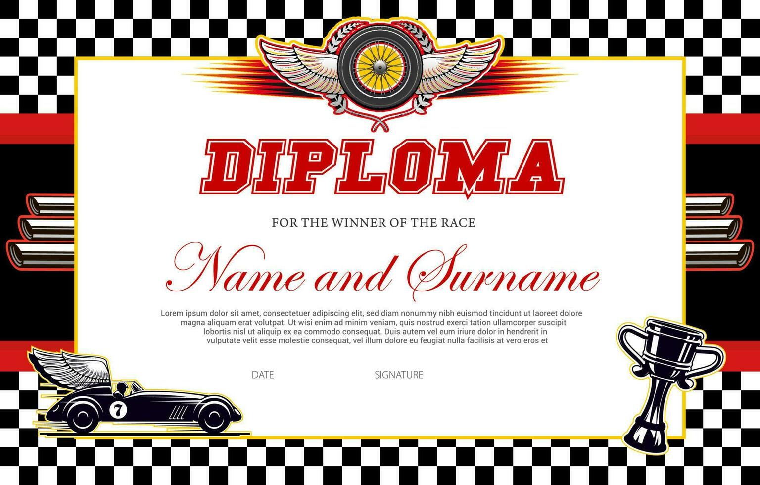 Race winner diploma vector template, racing award