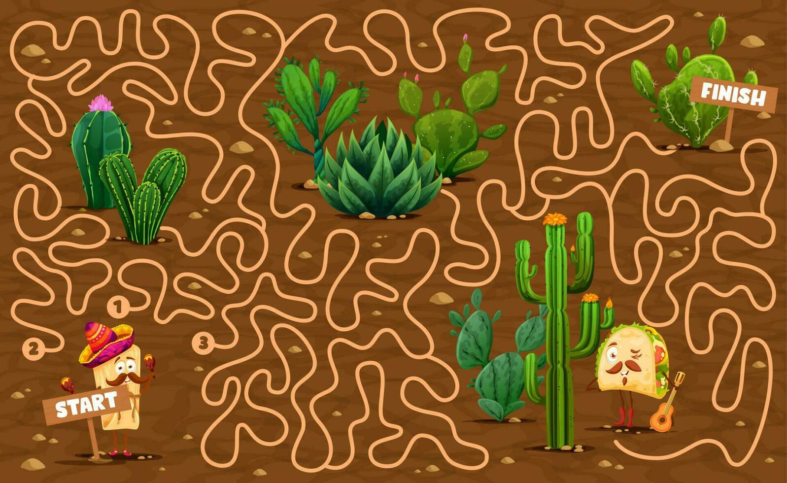 Labyrinth maze, mexican prickly cactus succulents vector