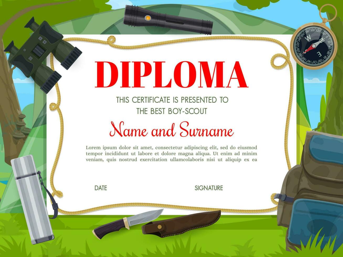 Boy scout diploma template with camping equipment vector