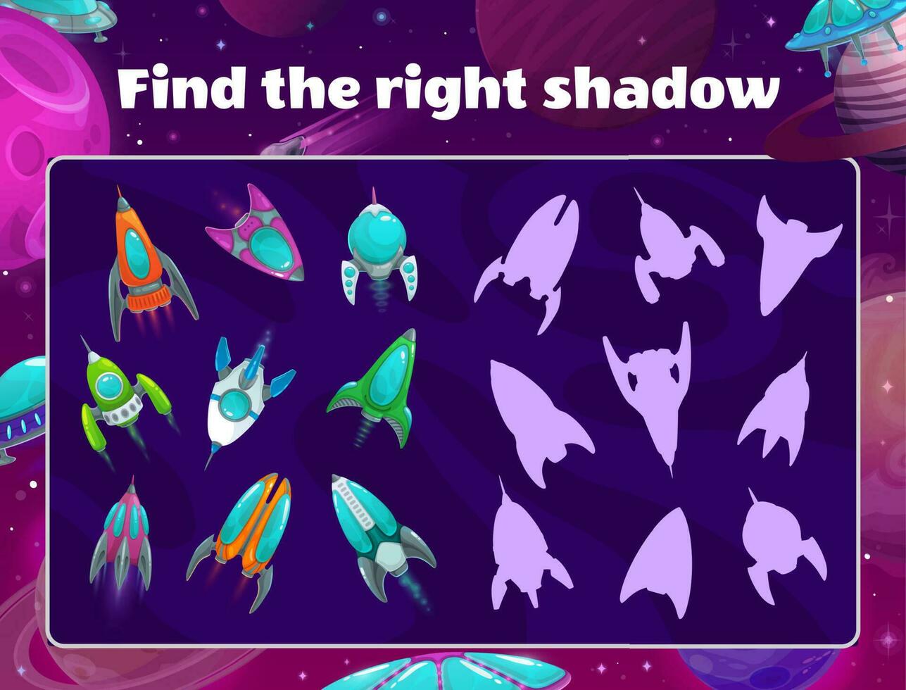 Shadow game with spaceships in space, kids riddle vector