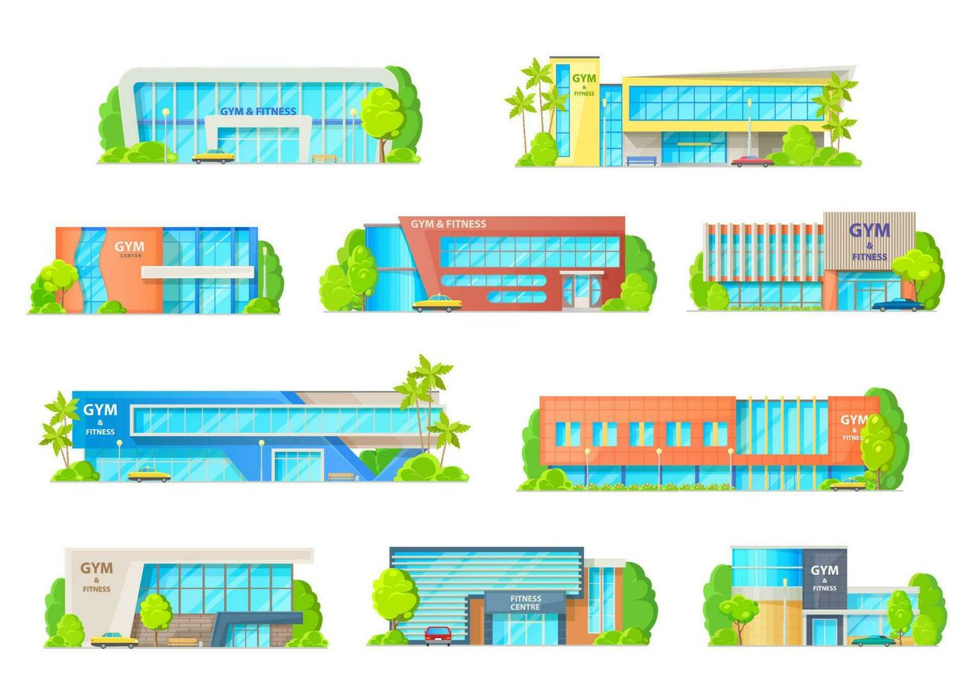 Gym or fitness center buildings vector facades set