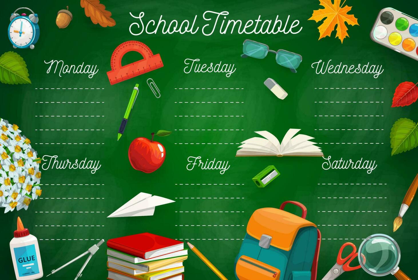 Education timetable school stationery, schoolbag vector