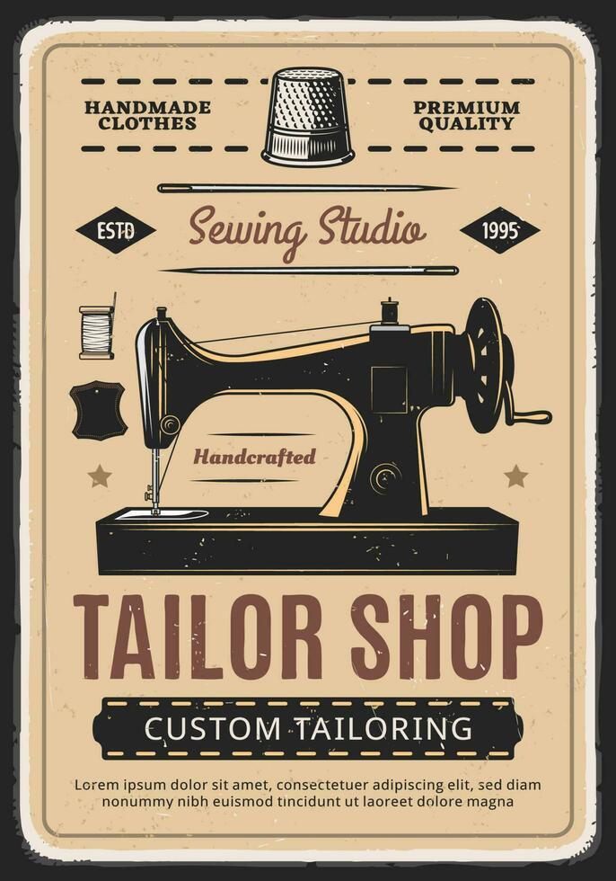 Tailor shop, sewing studio retro vector poster