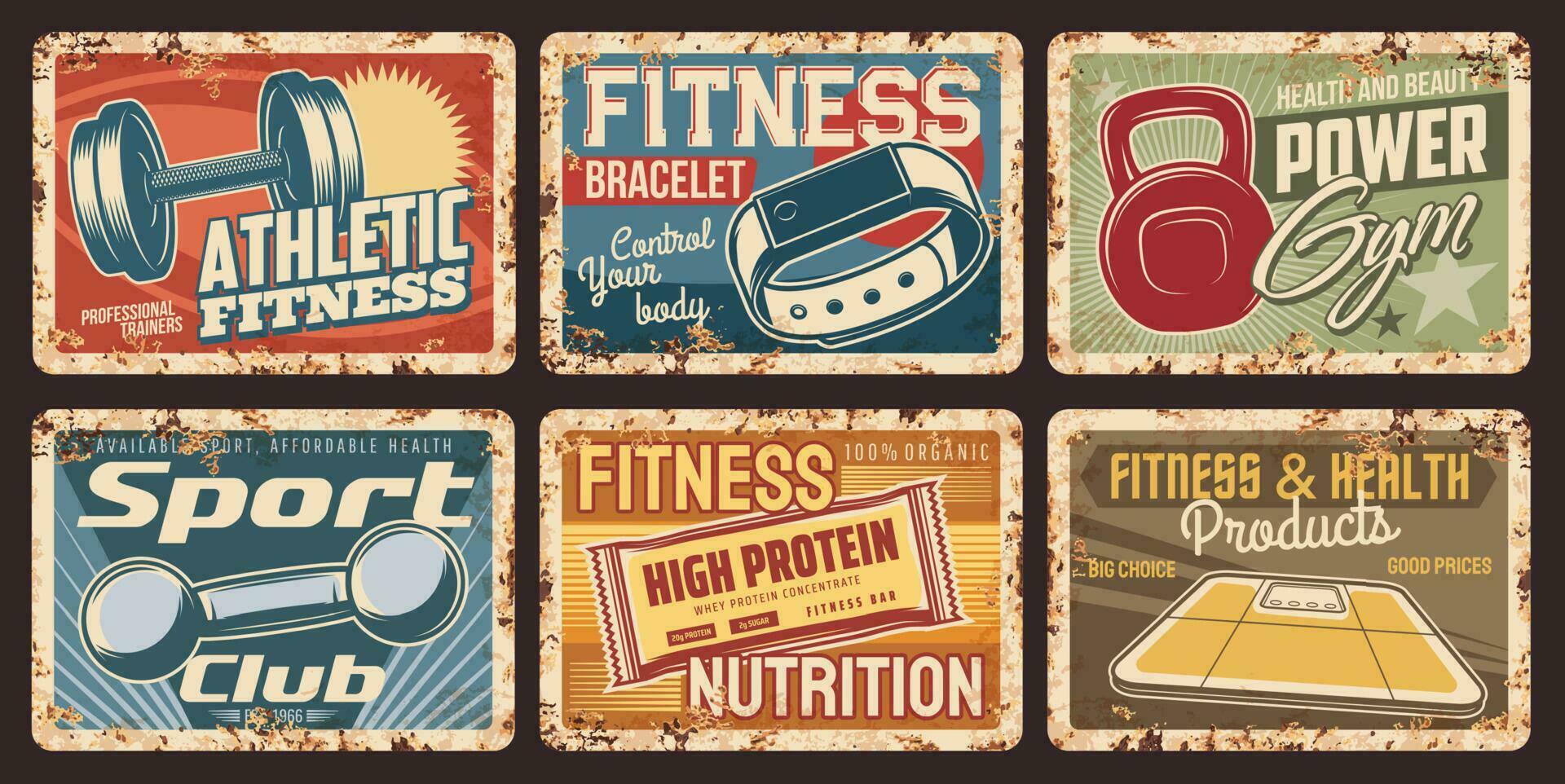 Fitness club, sport nutrition and gym tin signs vector