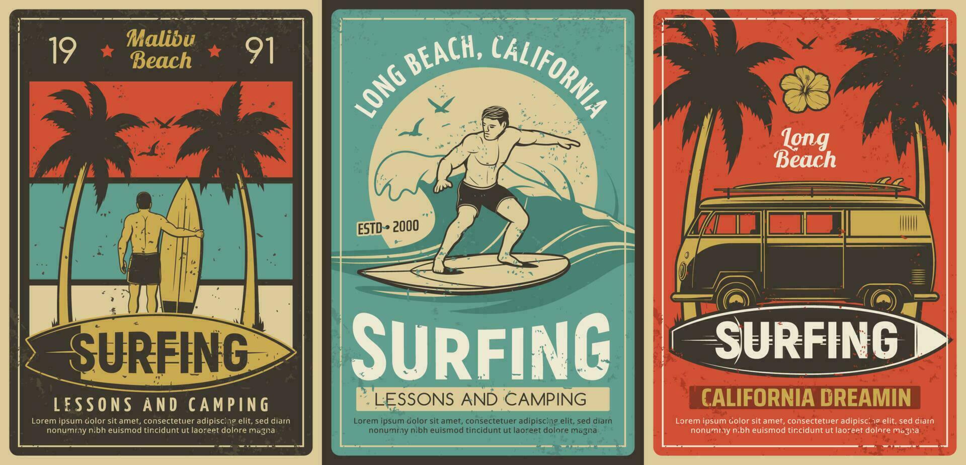 Surfing camping and lessons retro vector poster