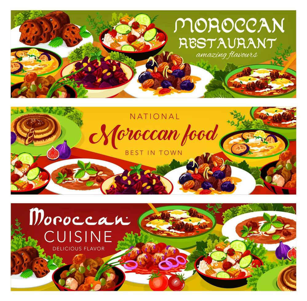 Moroccan food vector cuisine of Morocco banners