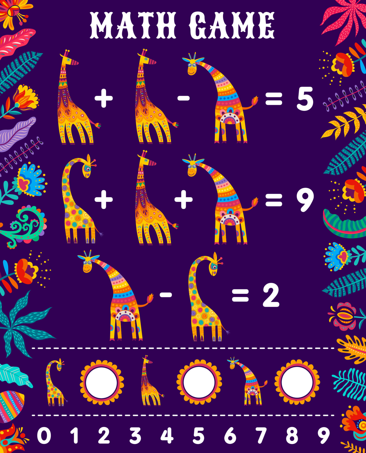Math game worksheet, African giraffes and flowers 23839660 Vector Art