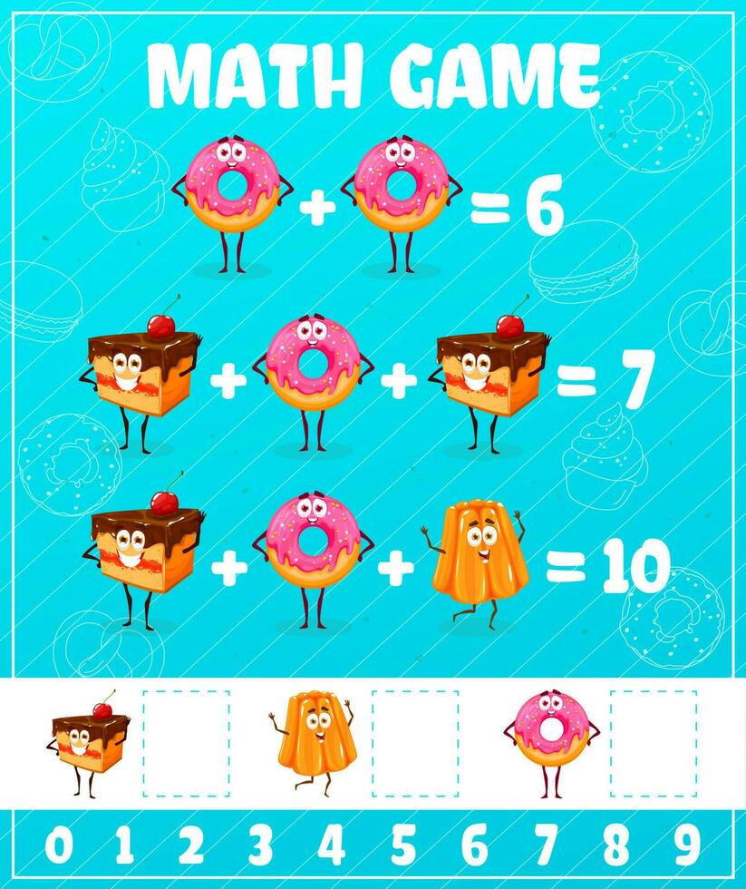 Cartoon desserts, donut cakes, math game worksheet vector