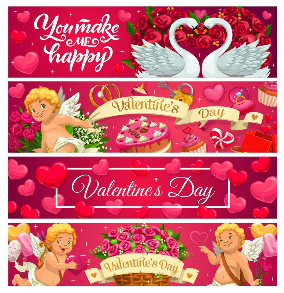 Valentines Day holiday banners with Cupids, hearts vector