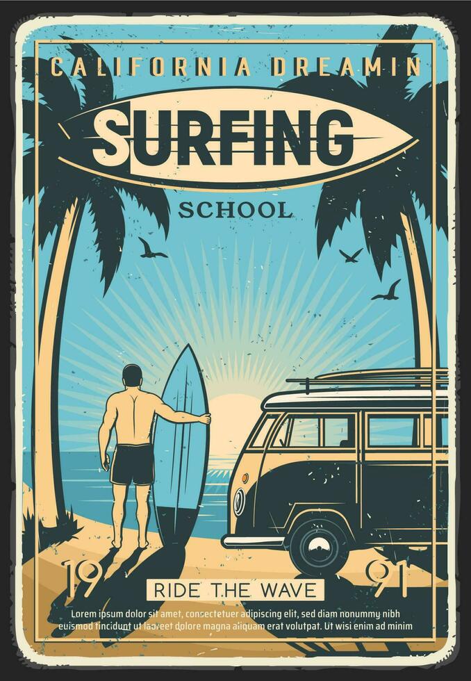 California surfing school retro vector poster