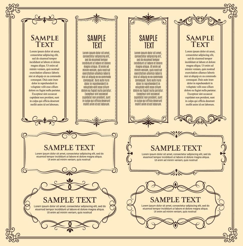 Retro frames, banners with vintage decor borders vector