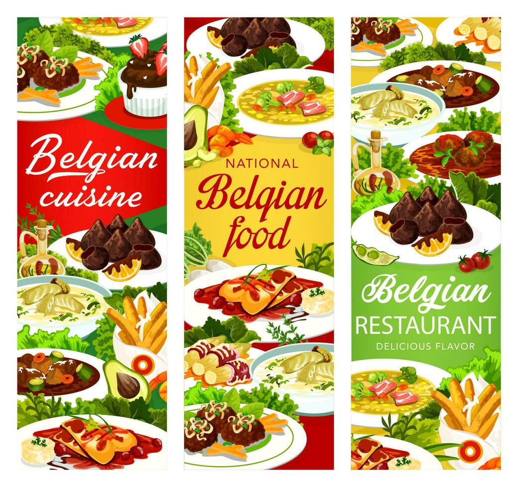 Belgian food cuisine, menu meals dishes, banners vector