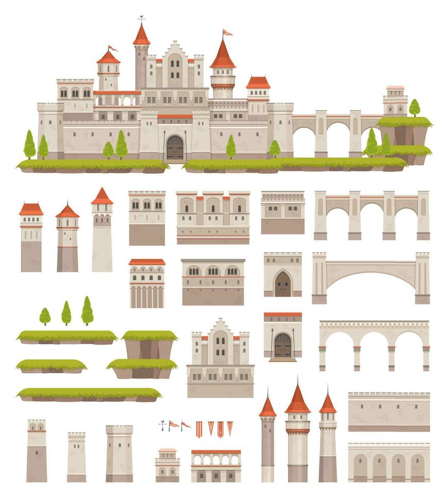 medieval castillo constructor, niños juego, palacio equipo vector