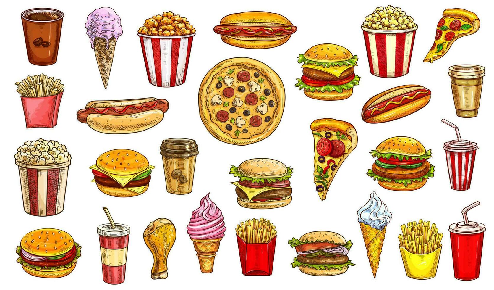 Sketch fast food meals isolated retro signs set vector