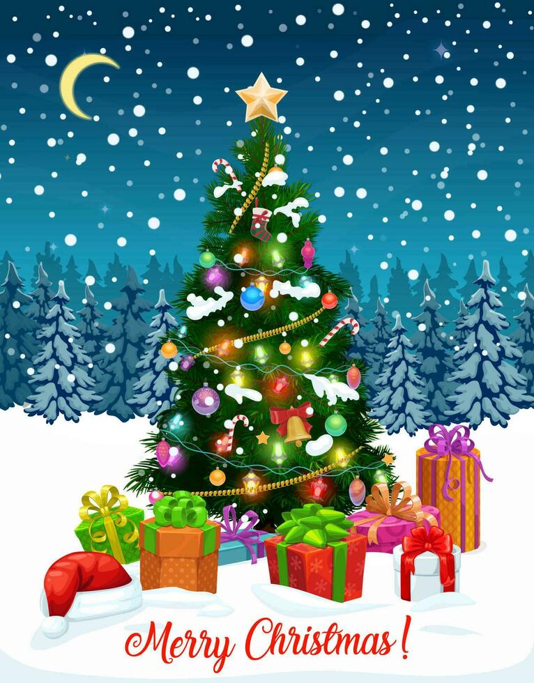 Navidad árbol con Navidad regalos, estrella y pelotas vector