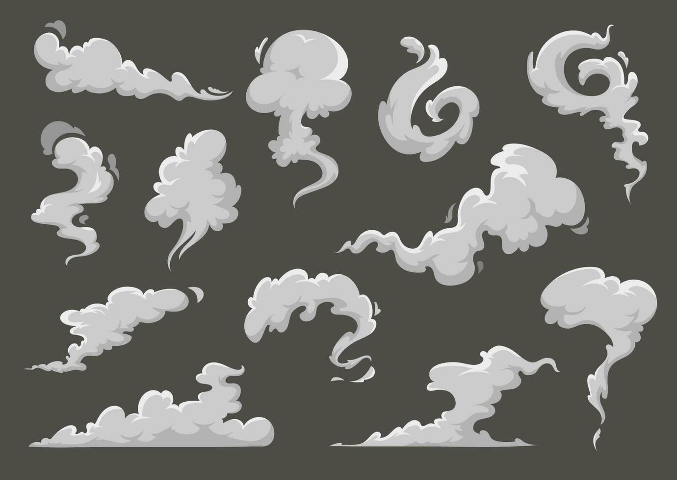 Cartoon clouds, steaming smoke and steam flows vector