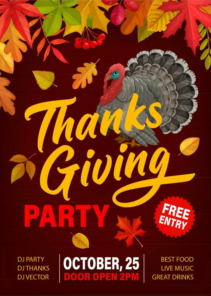 Thanks Giving party flyer with turkey and leaves vector