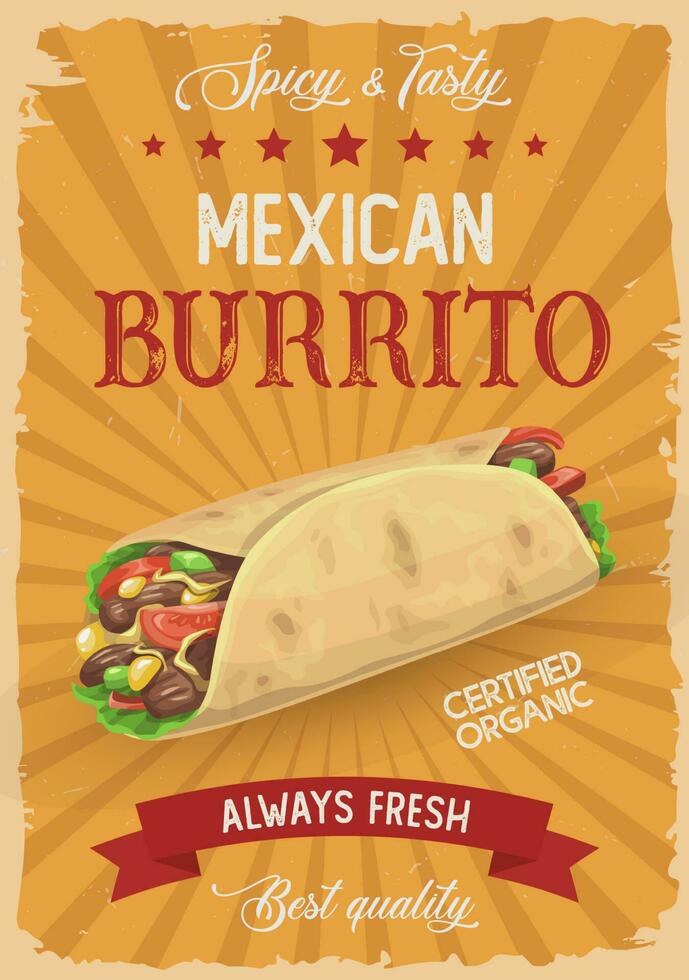 Mexican burrito vector retro poster, hot roll