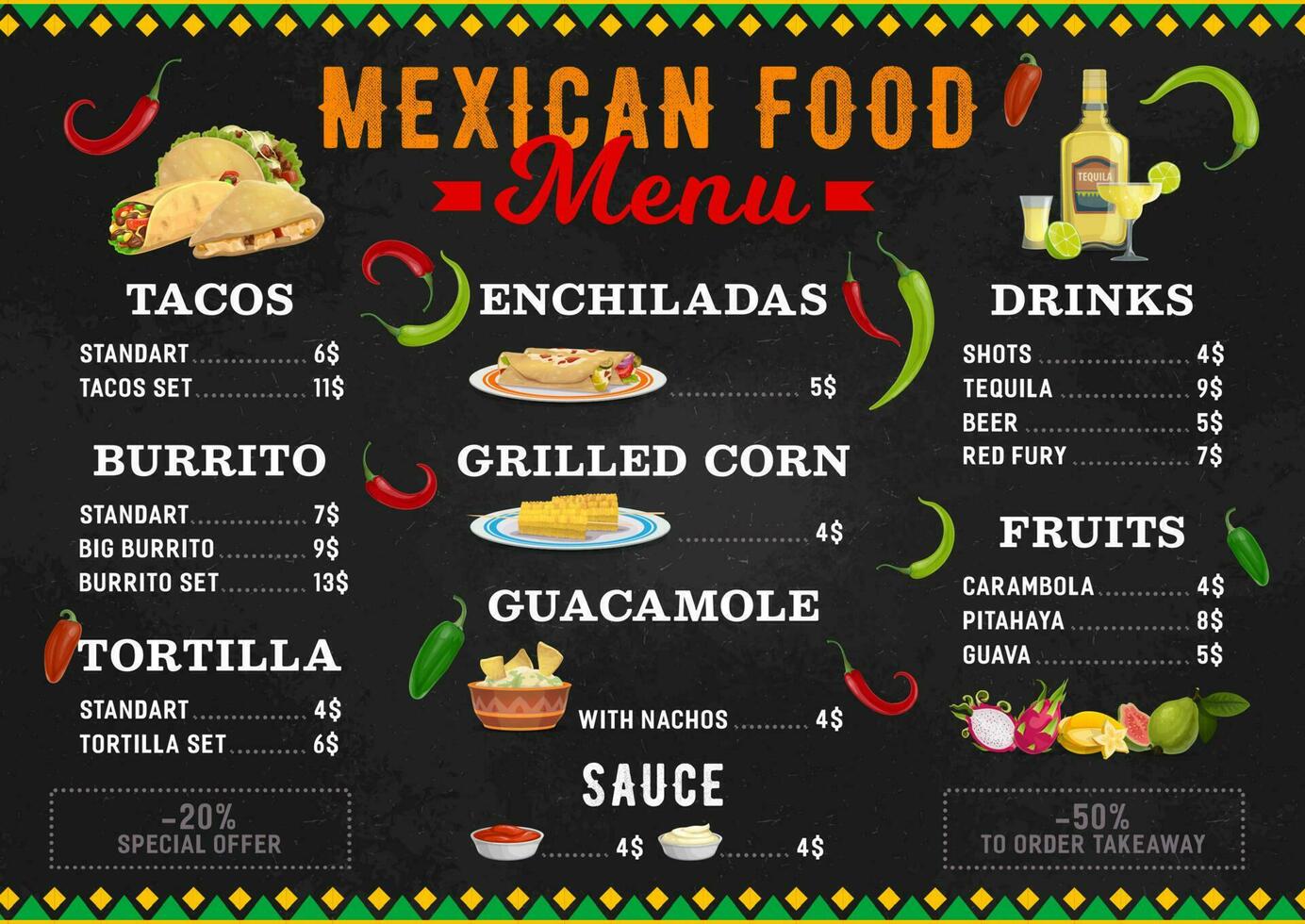 mexicano comida menú, mexico cocina burritos, tacos vector