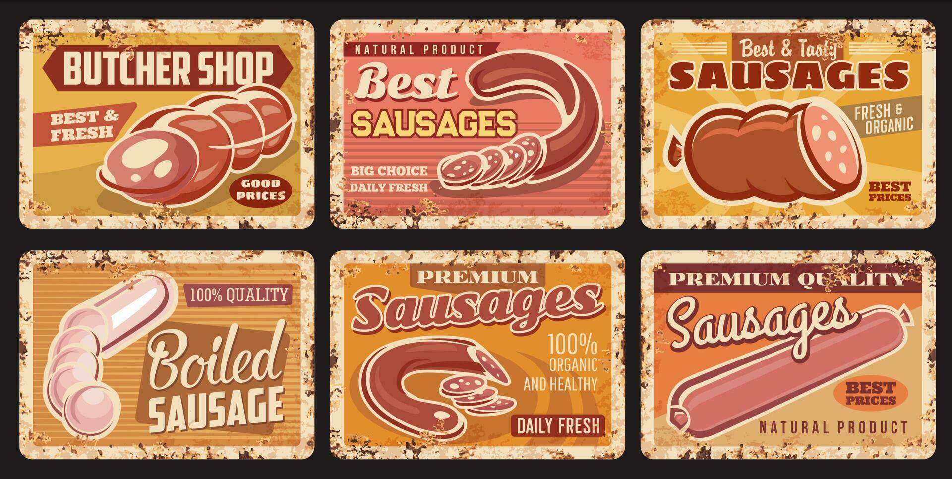 Sausages, butcher shop food metal plates vector