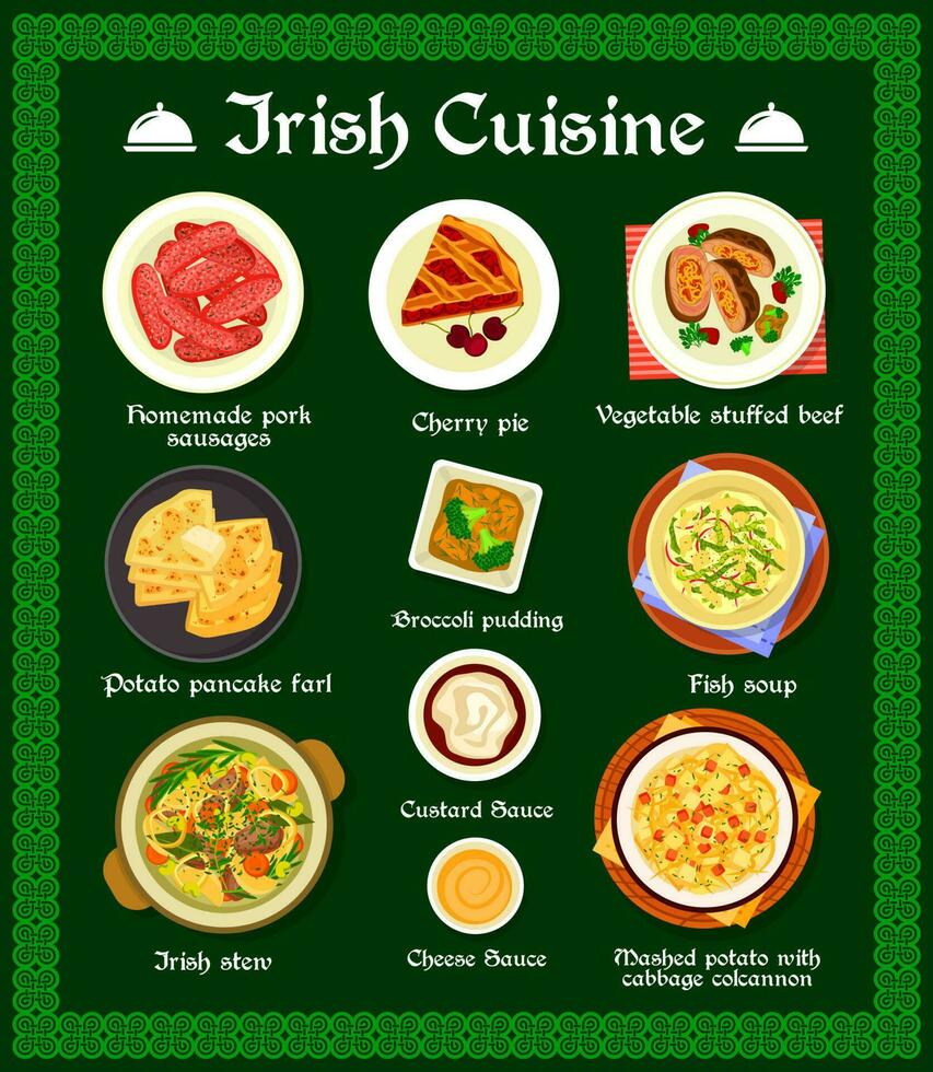 Irish cuisine vector menu food of Ireland, meals